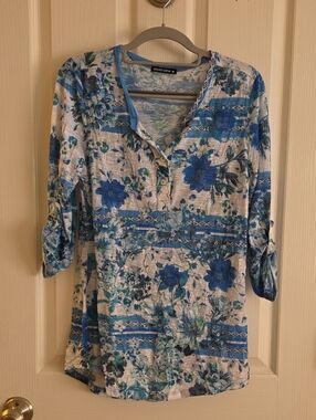 David Cline Blue and White Floral Henley Tunic
